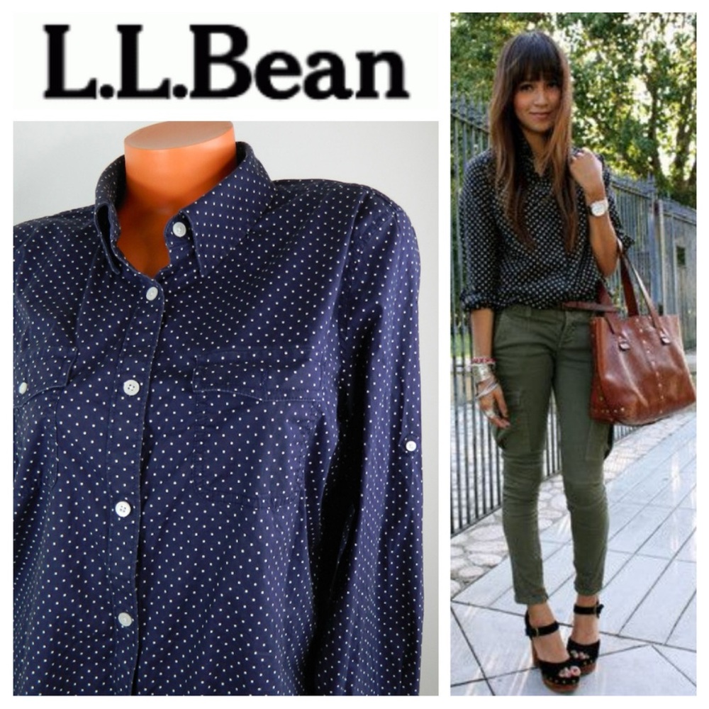 L.L. Bean Navy Blue Polka Dot Button-Down Shirt